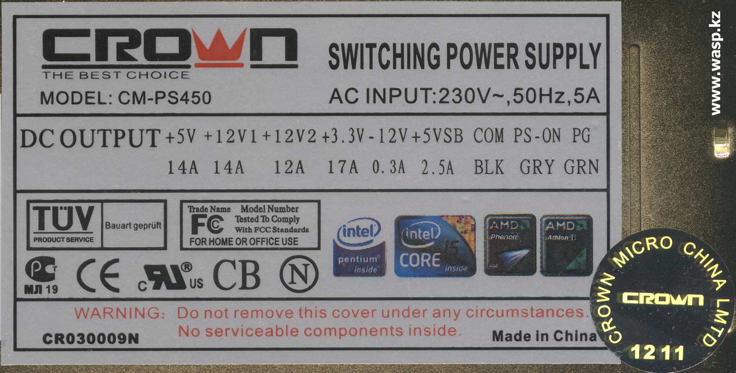 Crown CM-PS450 этикетка на блоке питания CR03000N Crown CM-PS450 этикетка на блоке питания CR03000N
