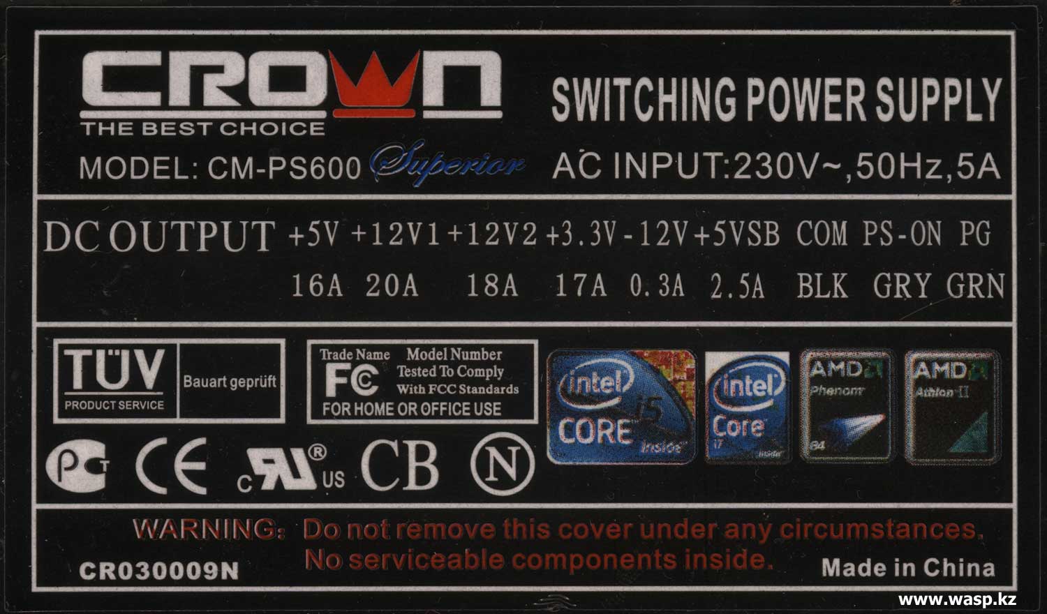 Crown CM-PS600 Superior этикетка блока питания CR030009N Crown CM-PS600 Superior этикетка блока питания CR030009N