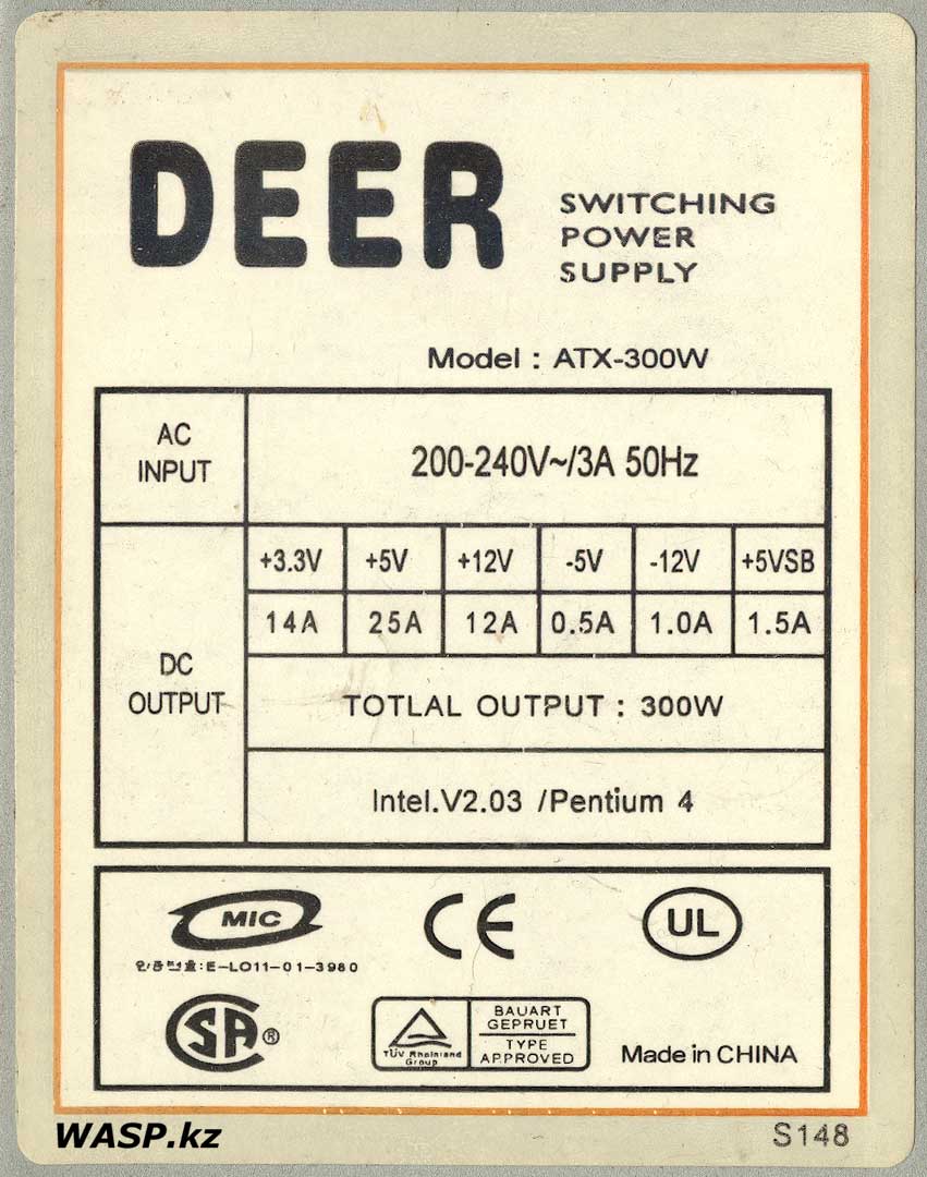 DEER ATX-300W этикетка и характеристики блока питания DEER ATX-300W этикетка и характеристики блока питания