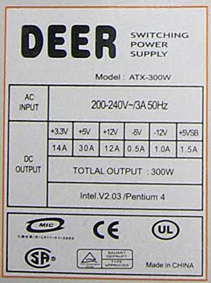 Deer этикетка блока питания ATX-300W начала 2000-х годов Deer этикетка блока питания ATX-300W начала 2000-х годов