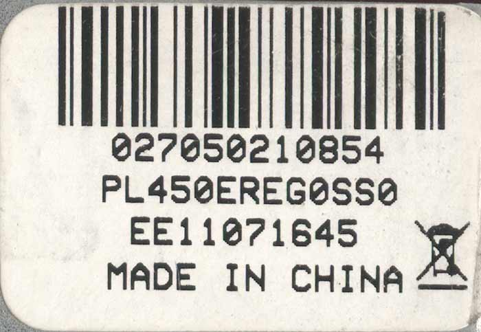 PL450EREG0SS0 - наклейка на блоке питания PL450EREG0SS0 - наклейка на блоке питания