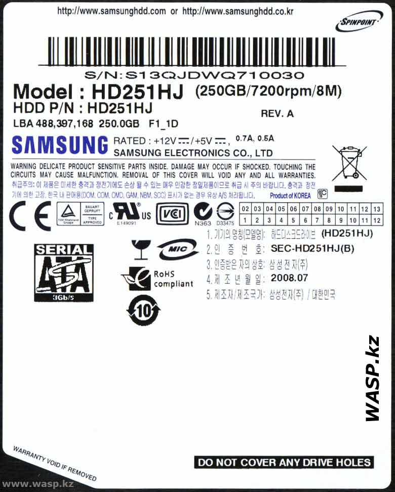 model HD251HJ Sansung этикетка HDD model HD251HJ Sansung этикетка HDD