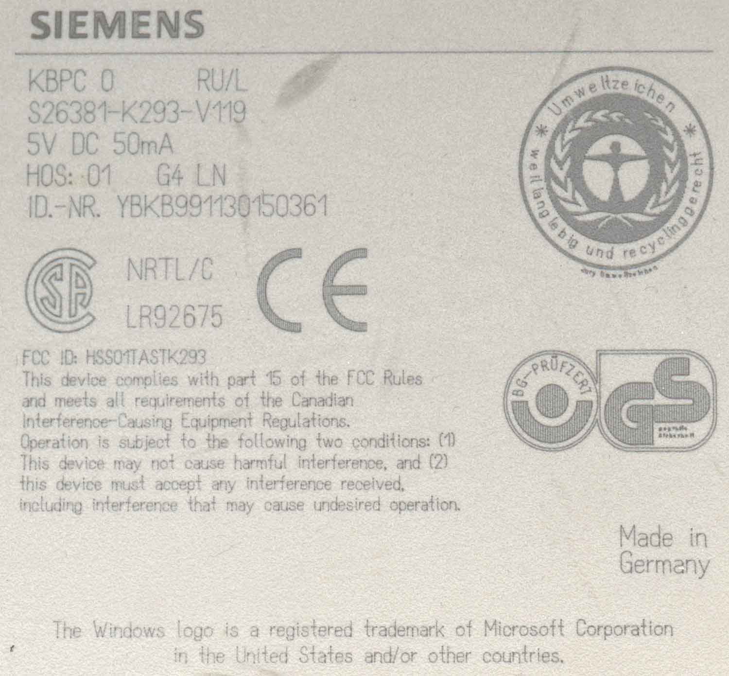 Siemens KBPC O, S26381-K293-V119, FCC ID: HSS01TASTK293 Siemens KBPC O, S26381-K293-V119, FCC ID: HSS01TASTK293