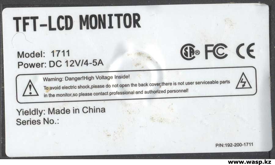TFT-LCD Monitor, Model 1711 P/N:192-200-1711 TFT-LCD Monitor, Model 1711 P/N:192-200-1711