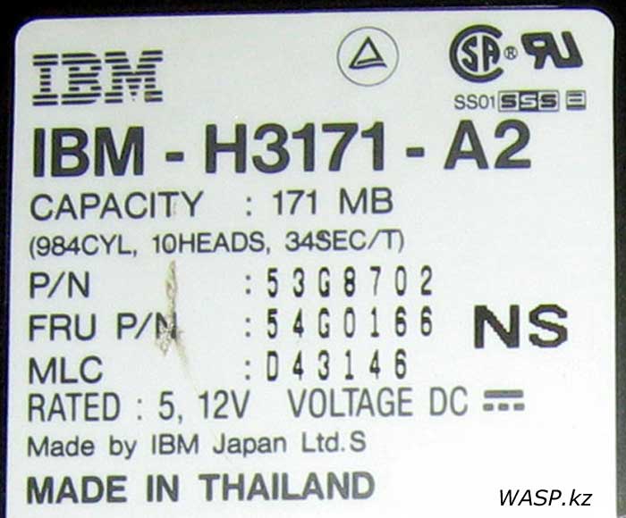 HDD IBM-H3171-A2, 171 MB этикетка, описание HDD IBM-H3171-A2, 171 MB этикетка, описание